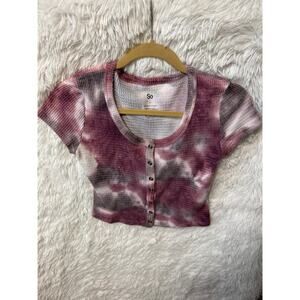So, Juniors Burgandy/Gray Tie Died Button Crop Top, Size S
